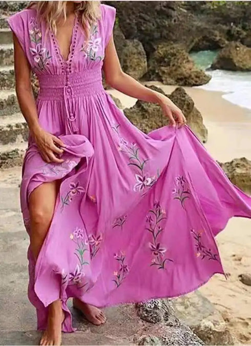 Elegant V Neck Sleeveless Floral Beach Dress for Women Casual Spring Summer Bohemian Style